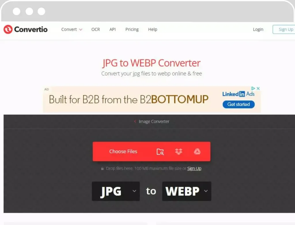 Interface utilisateur de Convertio montrant l'option de conversion de fichier JPG en format WEBP avec un bouton pour choisir les fichiers et une publicité pour un service B2B.