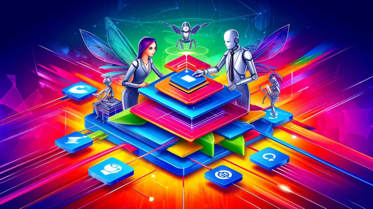 Une illustration complexe représentant divers éléments, y compris des engrenages, des chaînes et des icônes de médias sociaux, symbolisant les liens internes SEO.