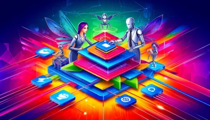 Une illustration complexe représentant divers éléments, y compris des engrenages, des chaînes et des icônes de médias sociaux, symbolisant les liens internes SEO.