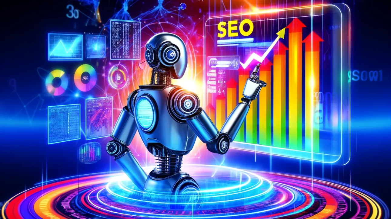 Un robot pointant vers un graphique SEO en croissance sur un écran holographique, entouré de données et de graphiques lumineux.