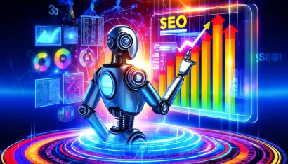 Un robot pointant vers un graphique SEO en croissance sur un écran holographique, entouré de données et de graphiques lumineux.