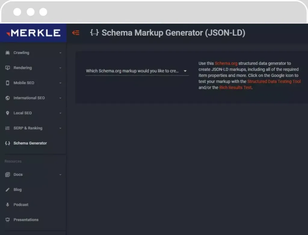 Interface du générateur de balisage de schéma (JSON-LD) par MERKLE avec options pour le SEO mobile, local et international.