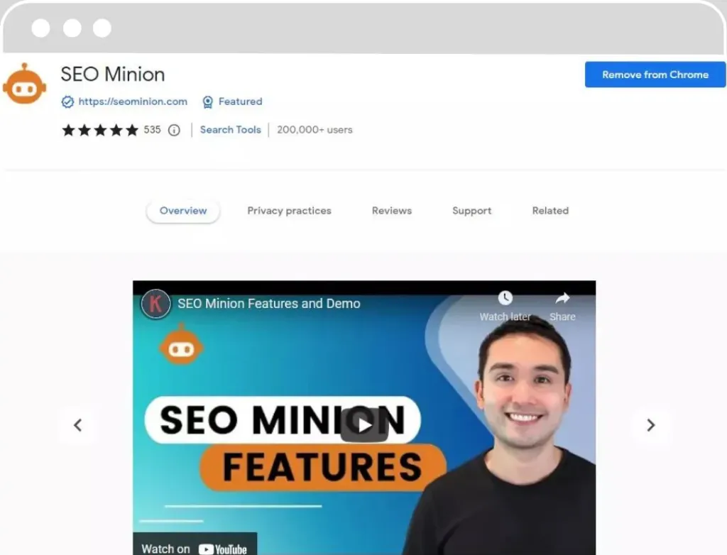 Page de l'extension de navigateur SEO Minion avec des étoiles de notation, présentant les caractéristiques de l'outil en vidéo.