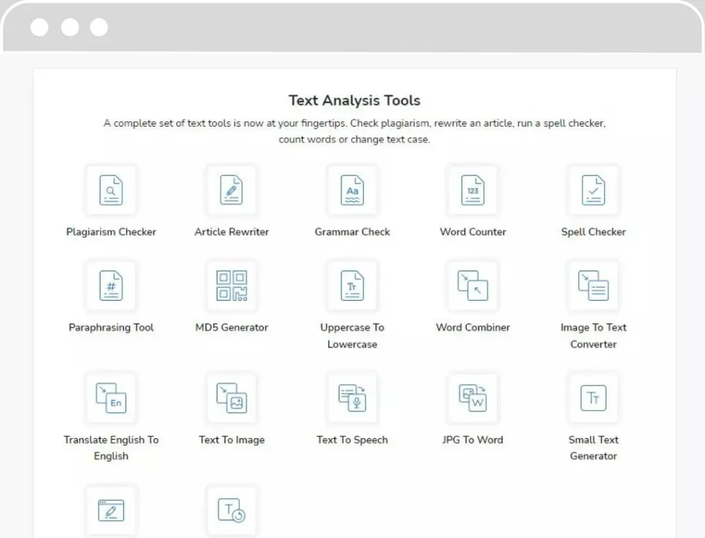 Ensemble complet d'outils d'analyse de texte avec icônes pour vérification de plagiat, réécriture d'articles, grammaire, compteur de mots et autres fonctionnalités.