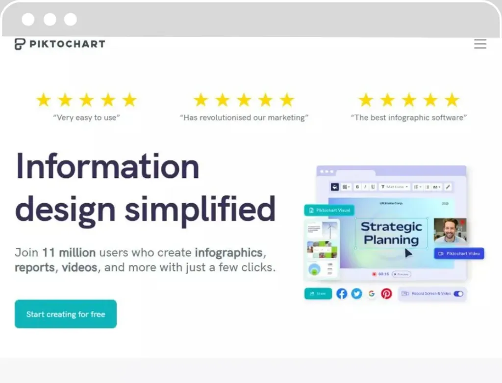 Page d'accueil de Piktochart vantant la simplicité de conception d'infographies avec des étoiles de satisfaction client et un exemple d'infographie de planification stratégique.