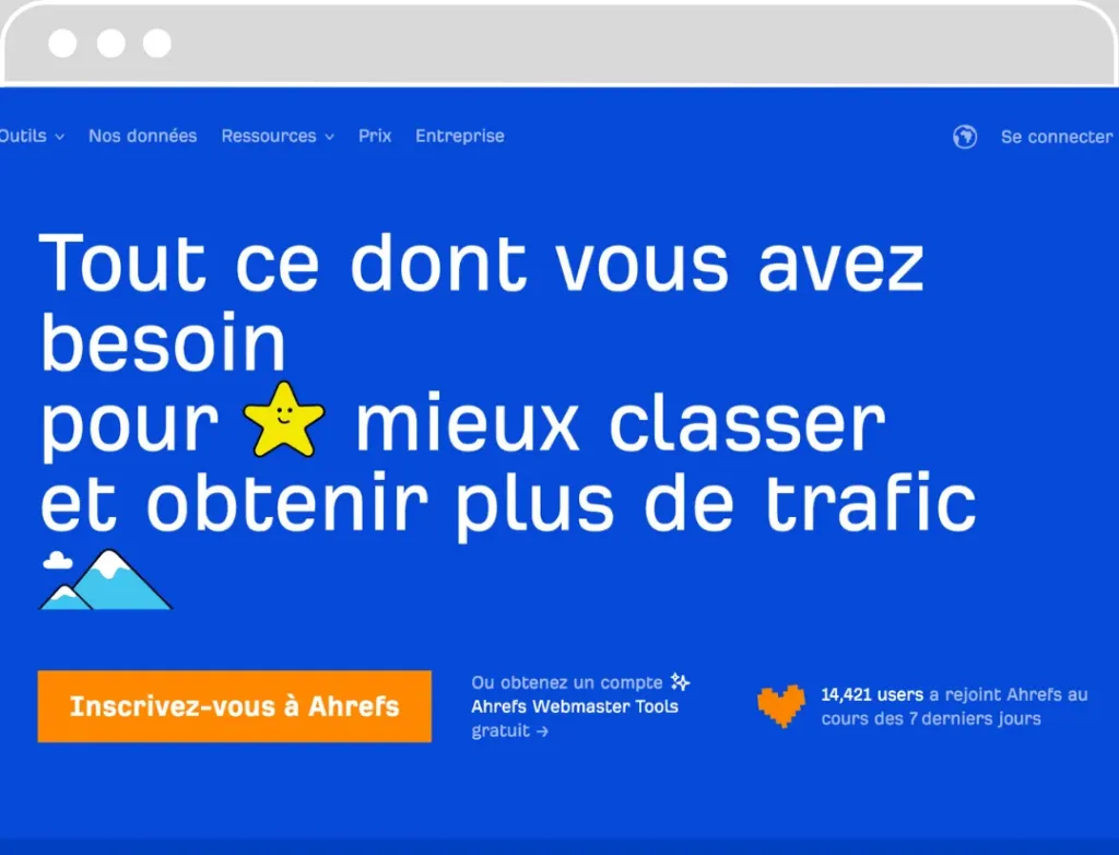 Site web de Ahrefs moderne, bleu, qui représente cet outil de Ahrefs