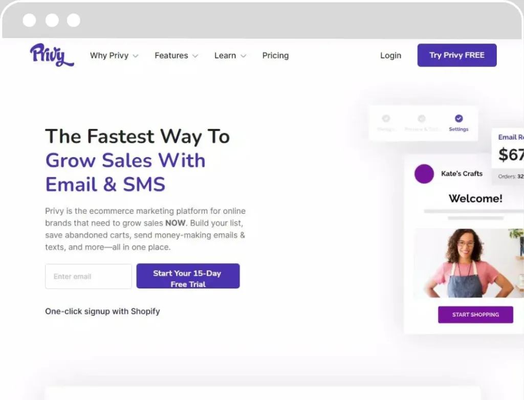 Capture d'écran de la page d'accueil de Privy présentant un service de marketing par e-mail et SMS, avec un bouton pour un essai gratuit et une intégration en un clic avec Shopify.