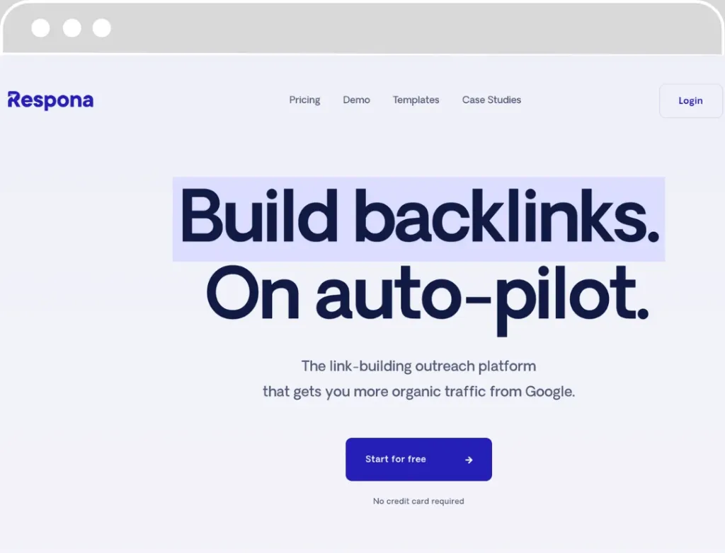 Page d'accueil de Respona affichant le slogan "Build backlinks. On auto-pilot." avec un bouton pour commencer gratuitement.