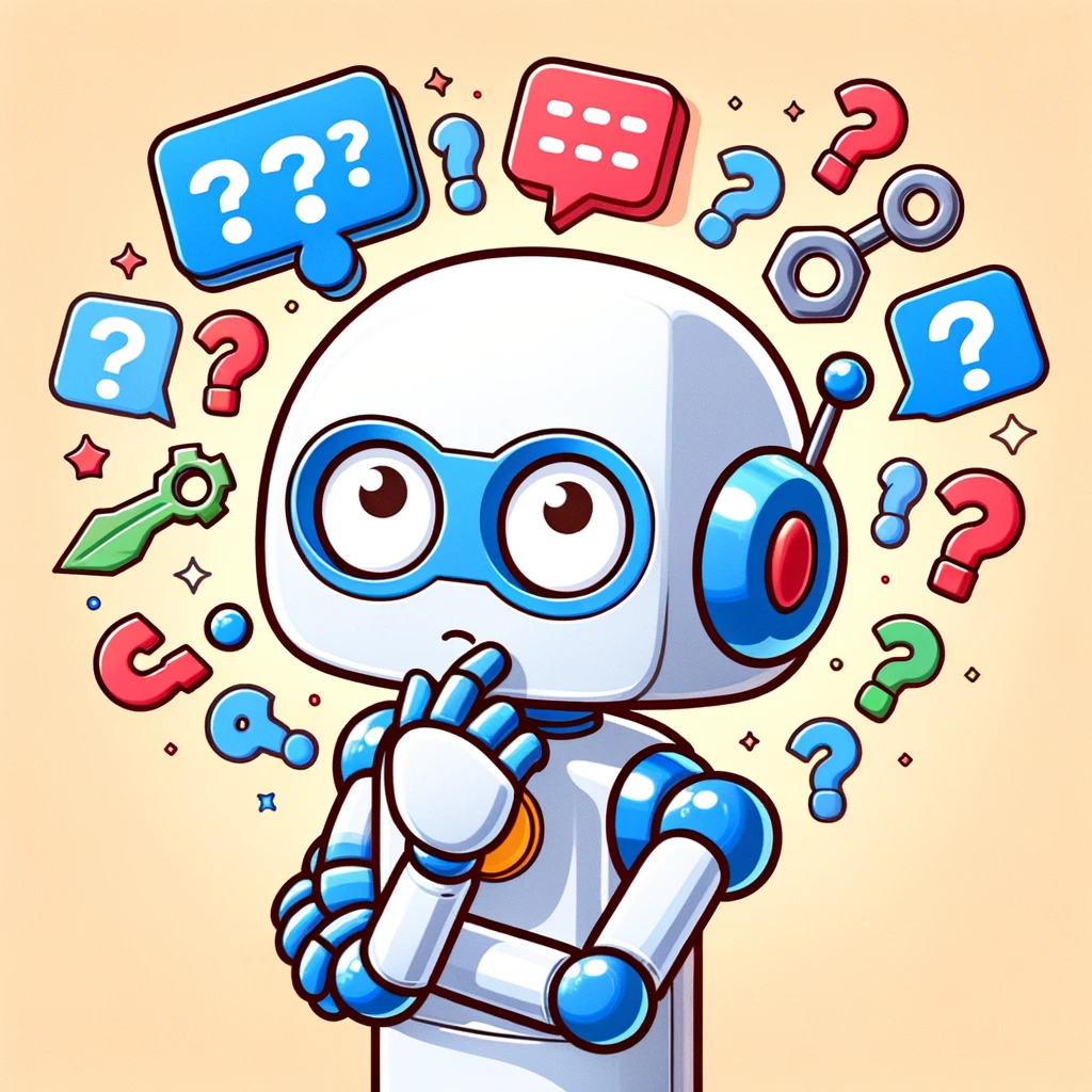 Une illustration d’un robot avec des yeux bleus entouré de bulles de dialogue et de points d’interrogation, symbolisant la confusion ou la recherche d’informations.