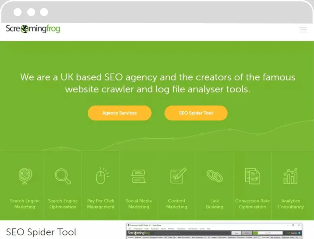 Interface du site web de Screaming Frog, une agence SEO basée au Royaume-Uni proposant des services de marketing digital et un outil d'analyse SEO baptisé "SEO Spider Tool".