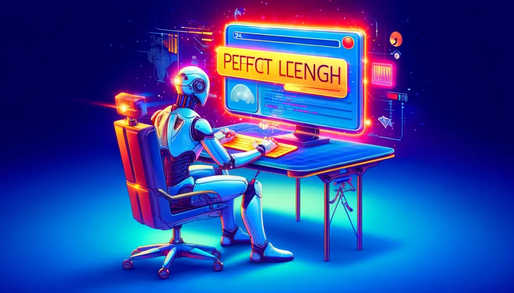 Illustration futuriste d'un robot assis à un bureau devant un écran flottant affichant une balise de titre 'PERFECT LENGTH' sur fond bleu électrique