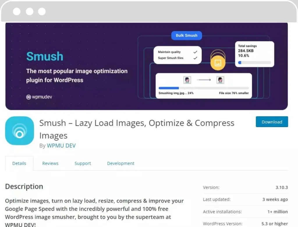 Plugin WordPress Smush pour l'optimisation d'image montrant des fonctionnalités de compression en vrac et d'économie de données.