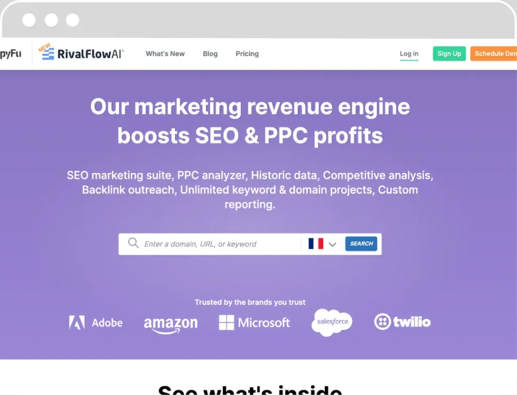 Capture d'écran de la page d'accueil de Spyfu, promouvant leur moteur de marketing et outil SEO pour l'analyse PPC et l'amélioration des profits.