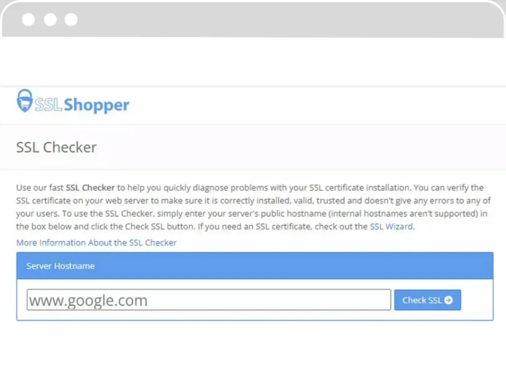 Interface du SSL Checker de SSL Shopper avec un champ de saisie pour le nom d'hôte du serveur et un bouton pour vérifier le certificat SSL.