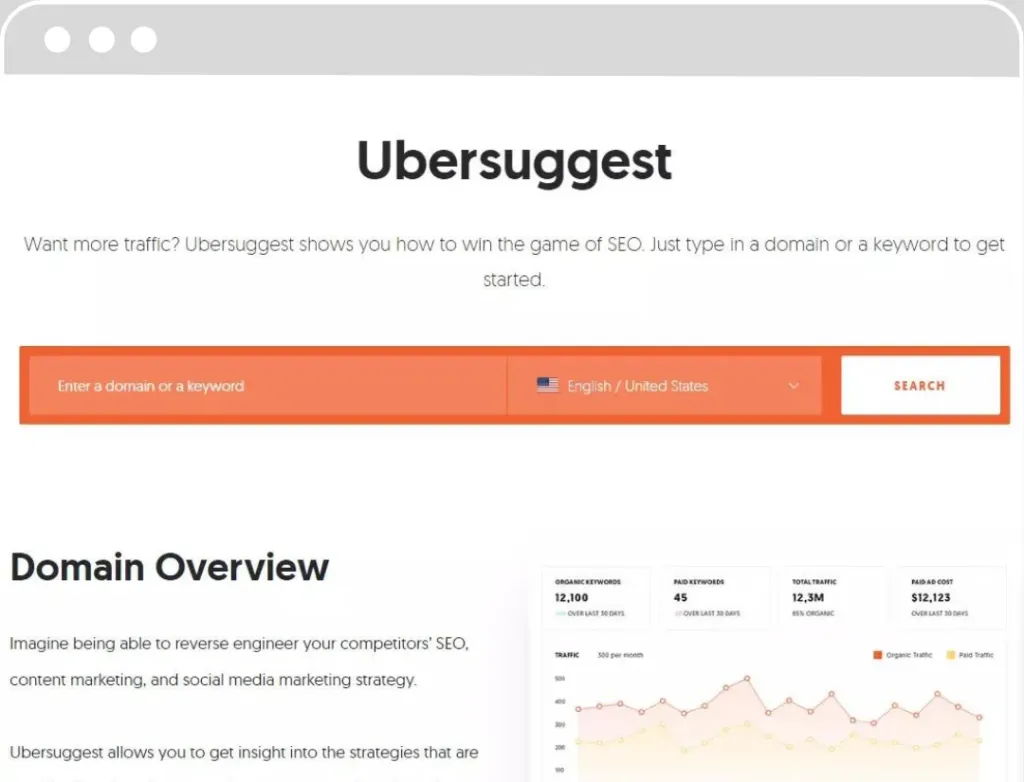 Capture d'écran de la page d'accueil d'Ubersuggest avec un champ de recherche pour entrer un domaine ou un mot-clé et un aperçu des données de domaine.