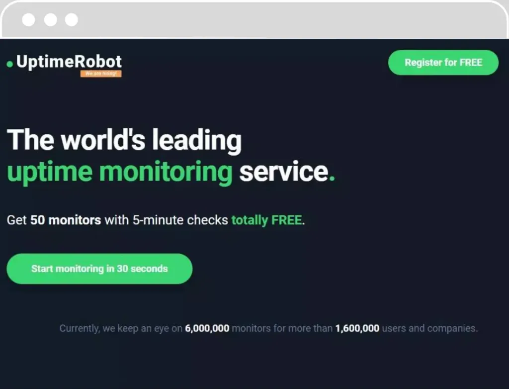 Page d'accueil d'UptimeRobot annonçant son service de suivi de disponibilité avec inscription gratuite.