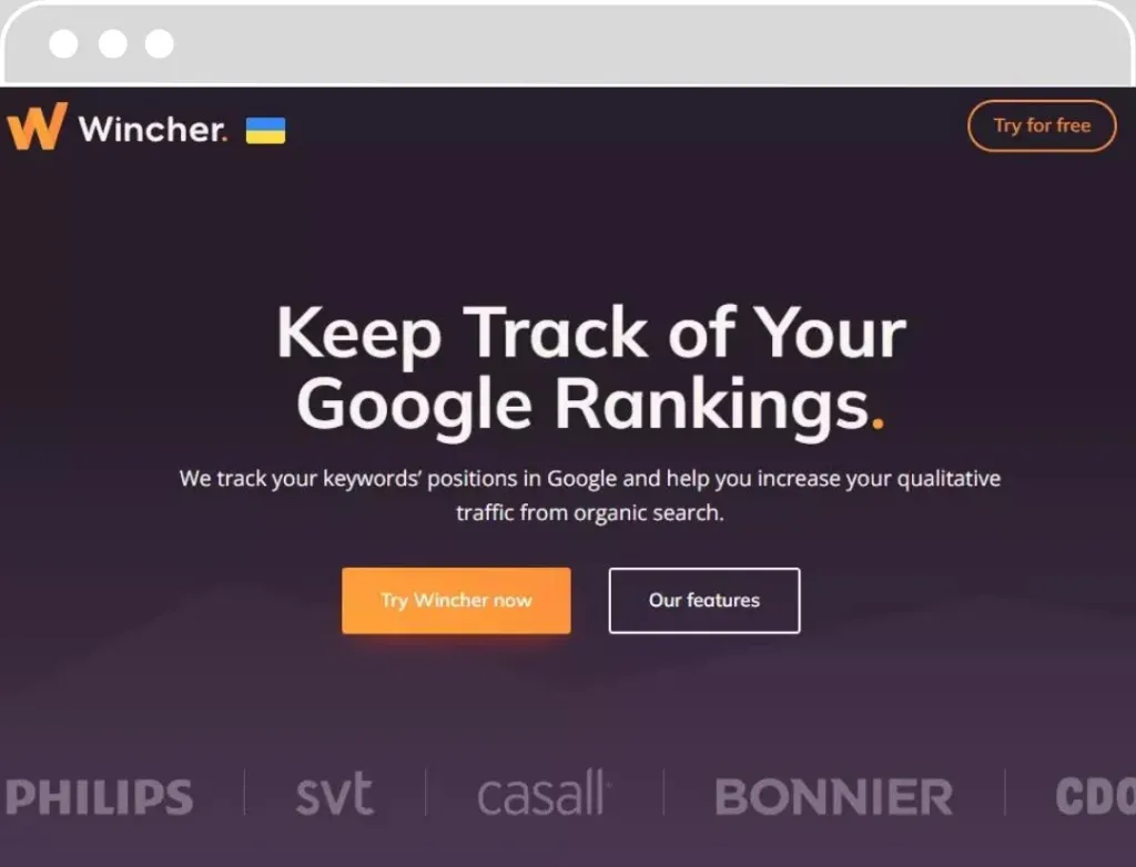 Interface d'un outil SEO appelé Wincher avec un bouton pour un essai gratuit et des options pour découvrir les fonctionnalités.