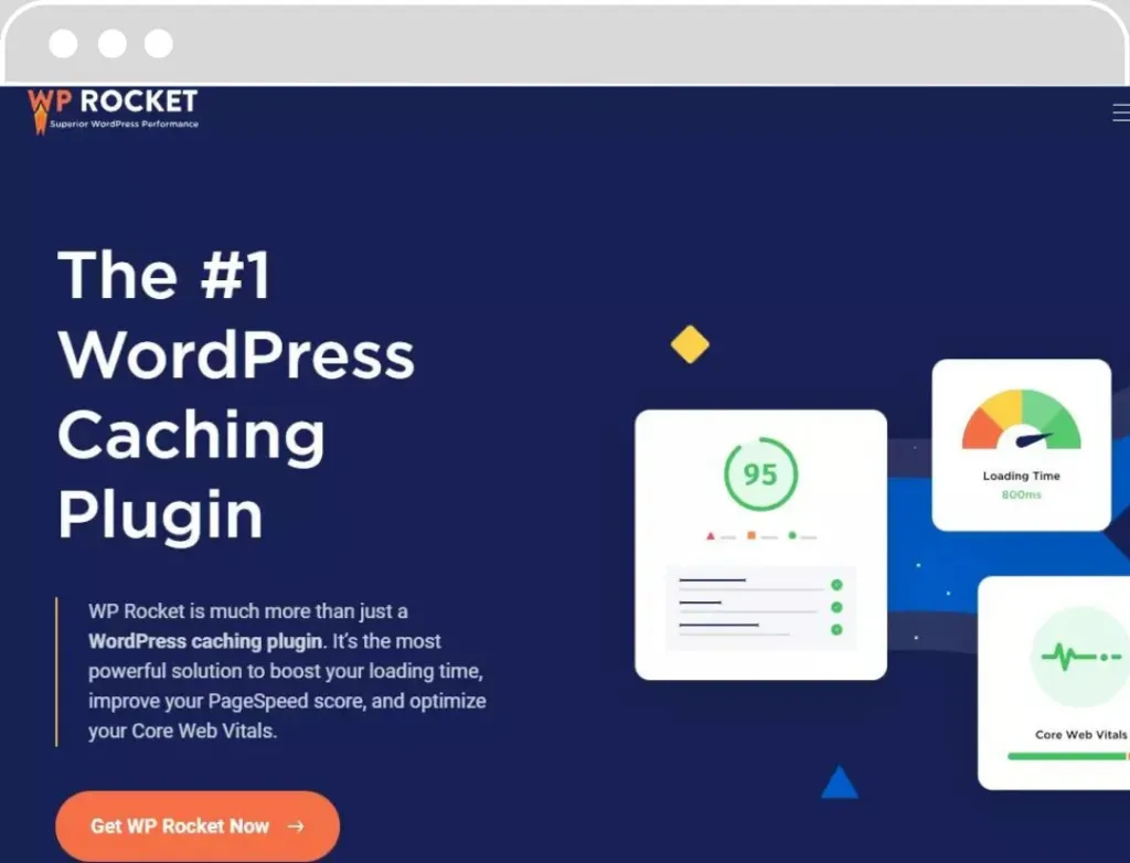 Page d'accueil de WP Rocket, présentant le plugin comme la solution numéro un de mise en cache pour WordPress, avec des visuels de performance de site Web.