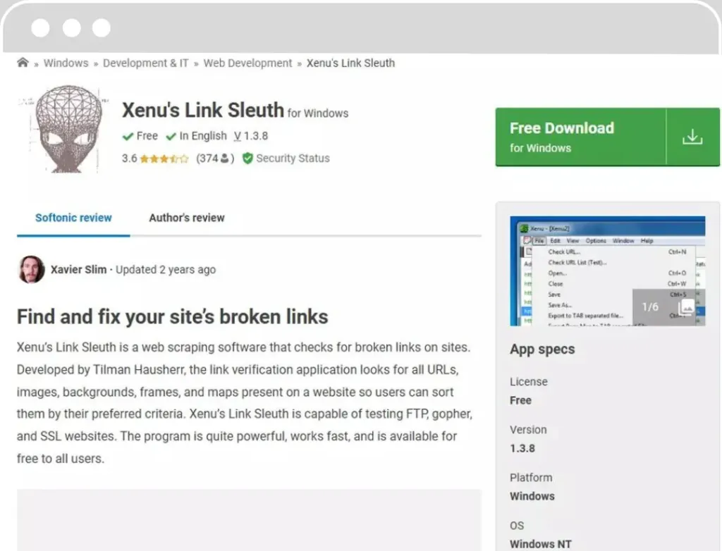 Capture d'écran de la page de téléchargement de Xenu's Link Sleuth, un outil gratuit pour Windows qui détecte les liens brisés sur les sites web.