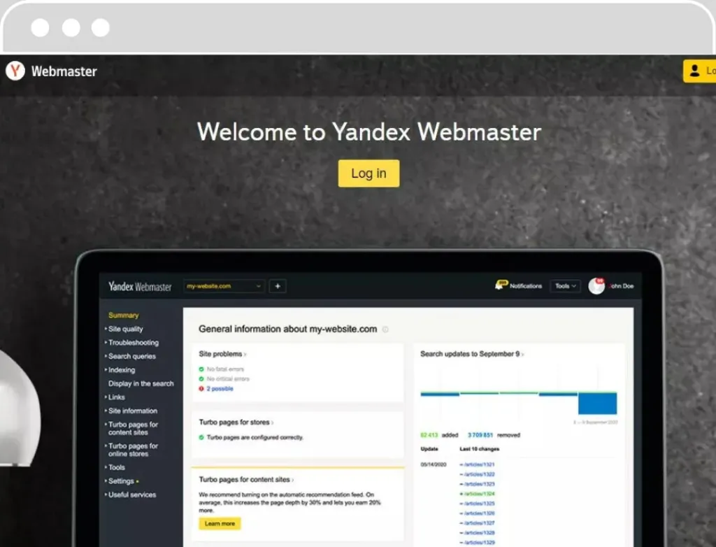 Interface de Yandex Webmaster Tools affichée sur un écran d'ordinateur, avec des options de menu pour le SEO et l'analyse de site.