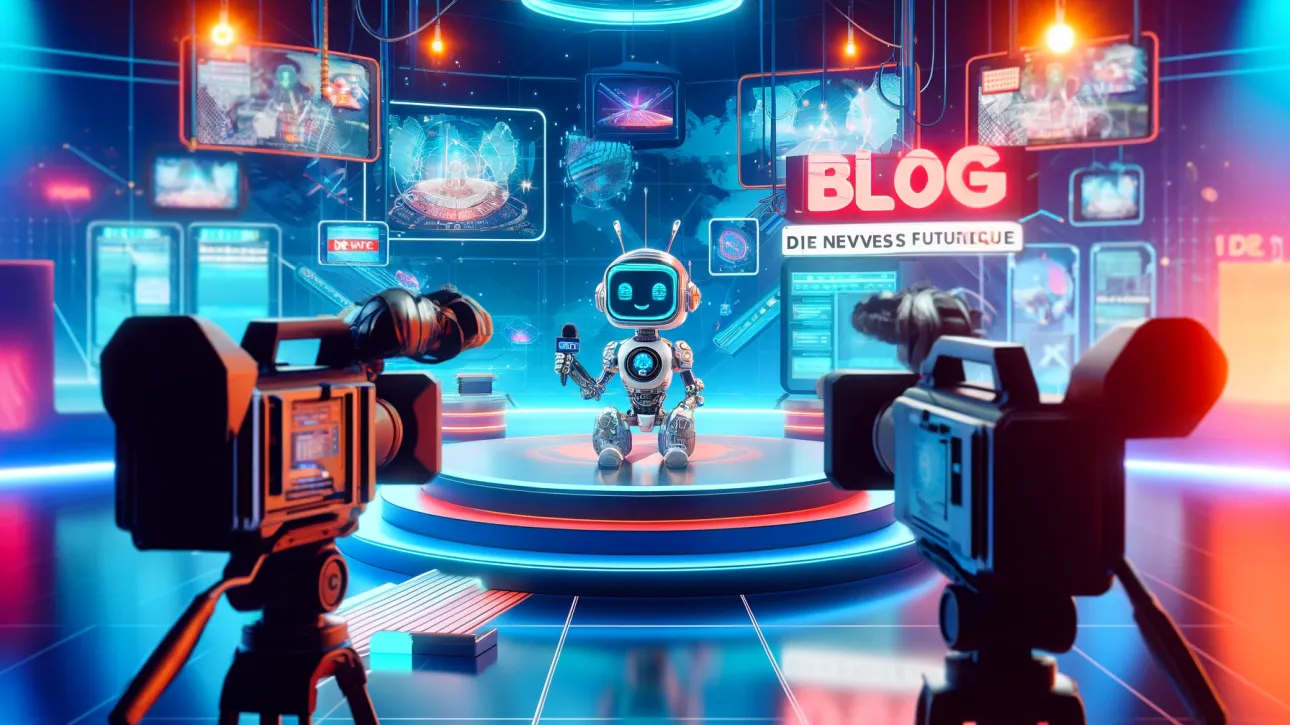 Plateau TV futuriste avec un robot mignon présentateur de journal et des caméras.