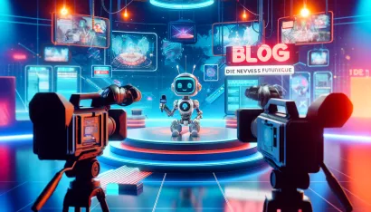 Plateau TV futuriste avec un robot mignon présentateur de journal et des caméras.
