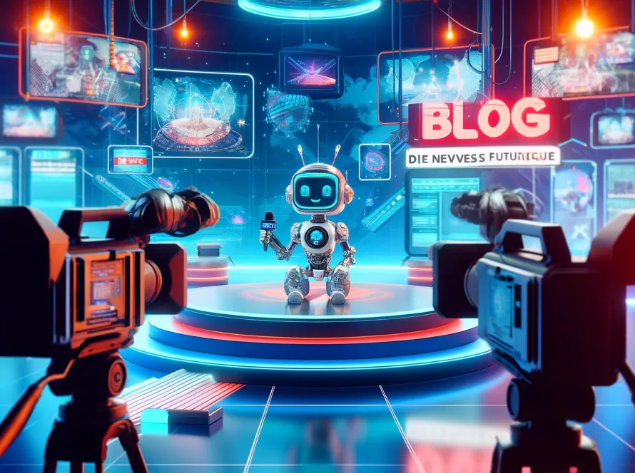 Plateau TV futuriste avec un robot mignon présentateur de journal et des caméras.