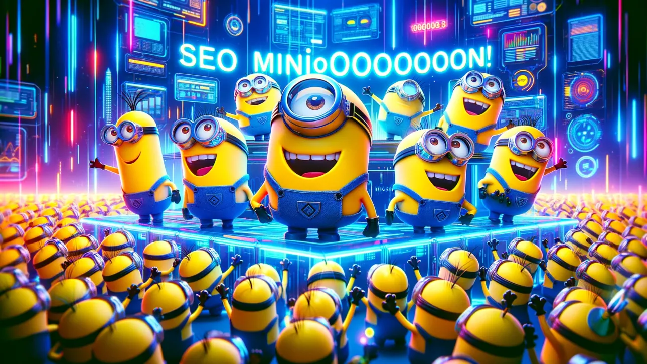 Groupe de minions criant 'SEO MINIOOOOOOON !' avec enthousiasme.