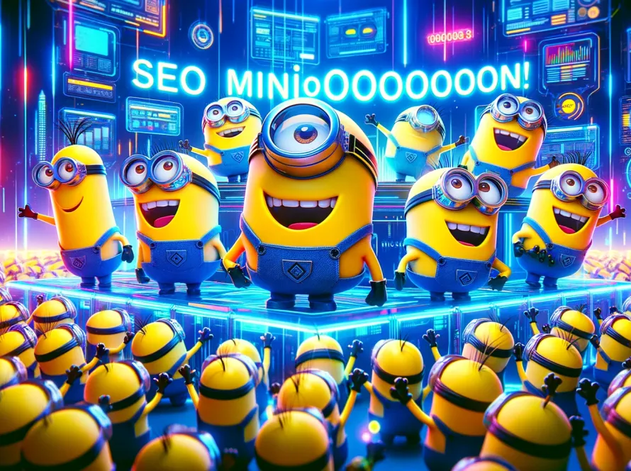 Groupe de minions criant 'SEO MINIOOOOOOON !' avec enthousiasme.