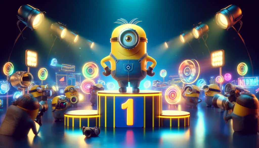 Minion sur un podium entouré de flashs, célébrant sa première place sur Google en référencement.