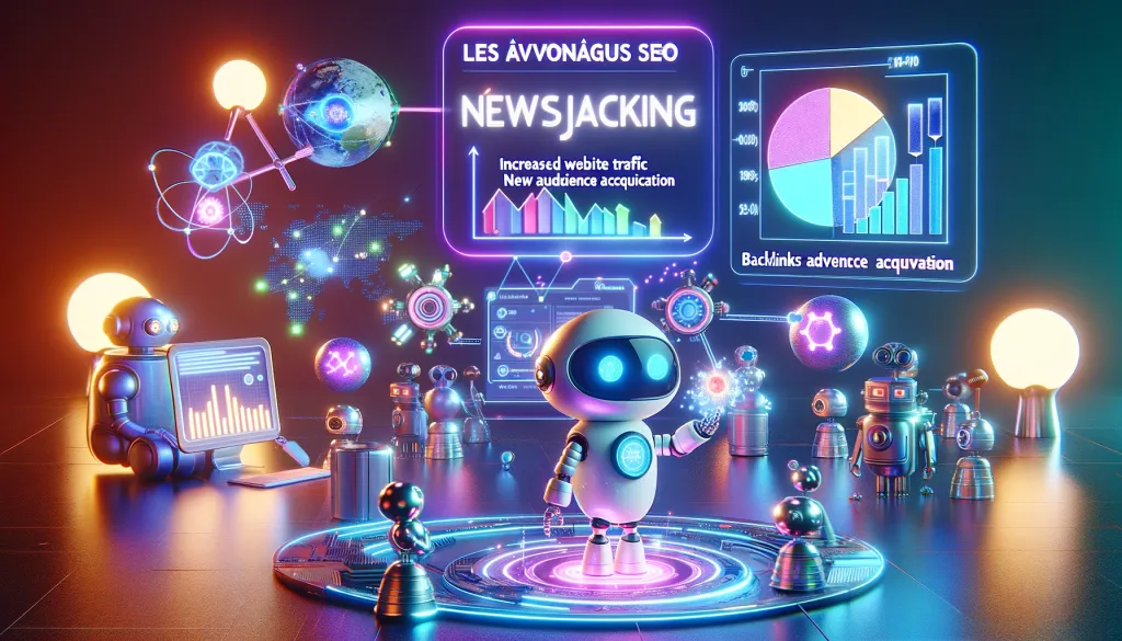 Robots illustrant les avantages SEO avec des graphiques holographiques.