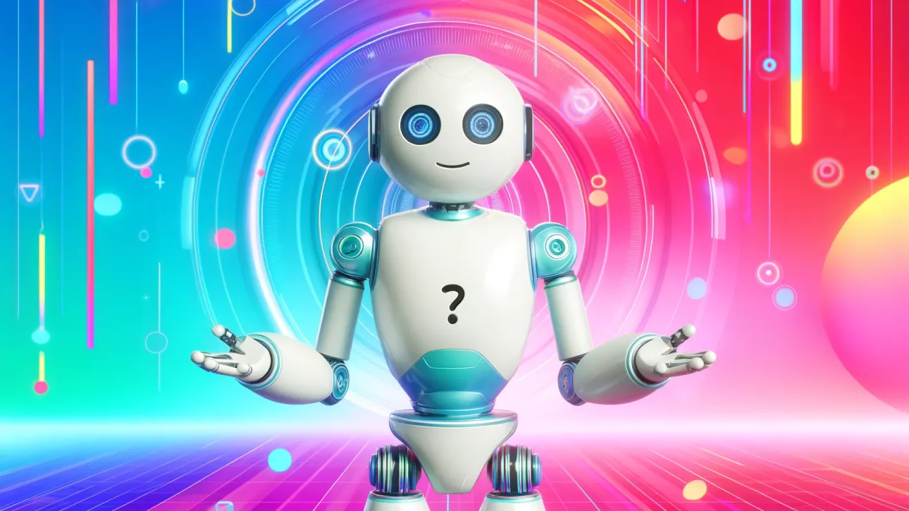 Robot amical avec expression de questionnement devant un arrière-plan futuriste et coloré, s'interrogeant sur la refonte site web SEO.