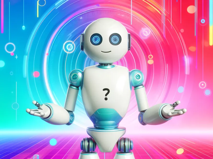 Robot amical avec expression de questionnement devant un arrière-plan futuriste et coloré, s'interrogeant sur la refonte site web SEO.