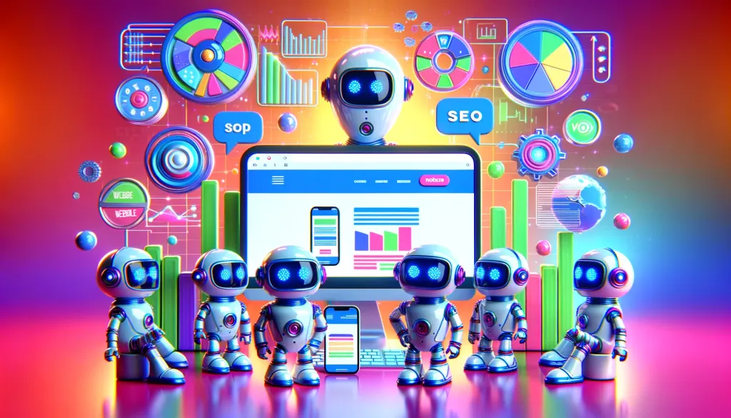 Robots futuristes discutant autour d'un ordinateur avec des graphiques et des icônes SEO, planifiant un redesign site web SEO.