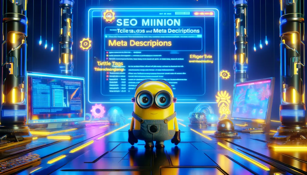 Minion travaillant sur les balises titre et méta description d'une page web.