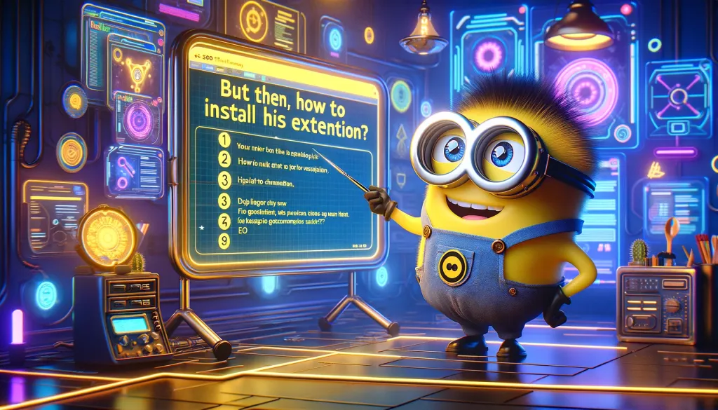 Minion professeur expliquant l'installation de SEO Minion sur un tableau.