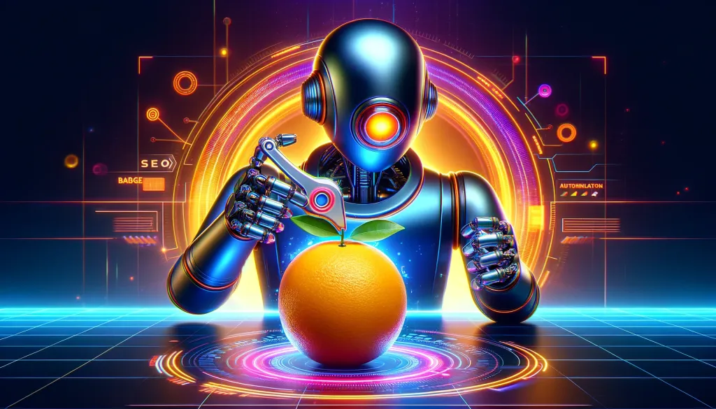 Un robot futuriste pressant une orange représentant des backlinks pour extraire le jus SEO.