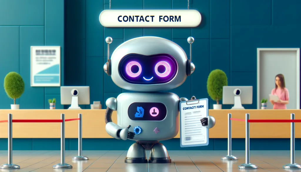 Un robot sympathique avec de grands yeux tenant un formulaire de contact, faisant la queue à un guichet avec écrit "CONTACT FORM", l'un des meilleurs plugin wordpress.