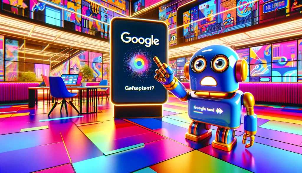 A la recherche d'idée de contenu. Un robot appelant Google Trends à l'aide dans un espace de co-working vibrant et moderne.