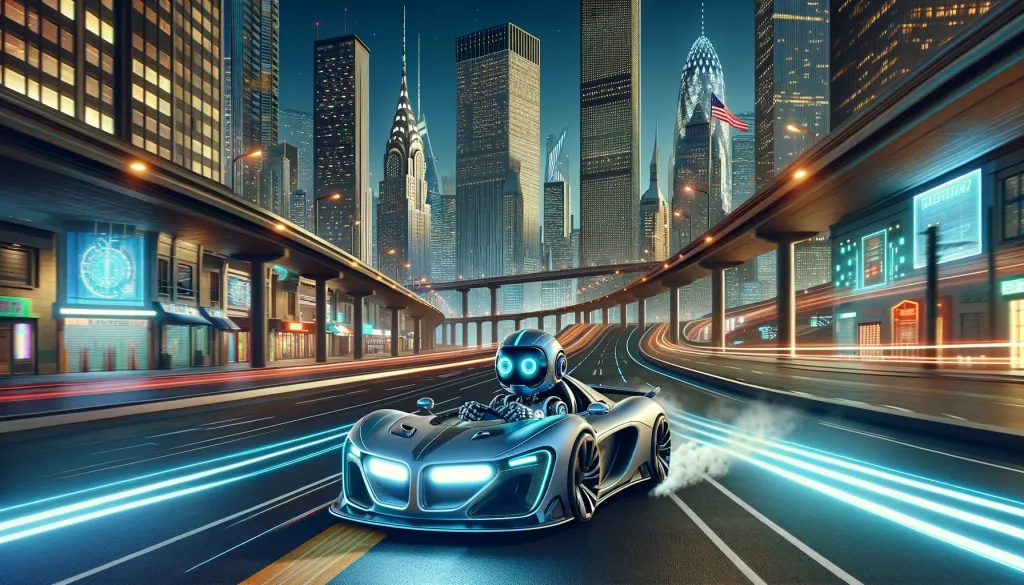 Un robot conduisant une voiture de sport futuriste à grande vitesse dans une ville moderne inspirée de New York, laissant des traces de pneus sur la route. Il n'a pas encore effectué son audit backlink.