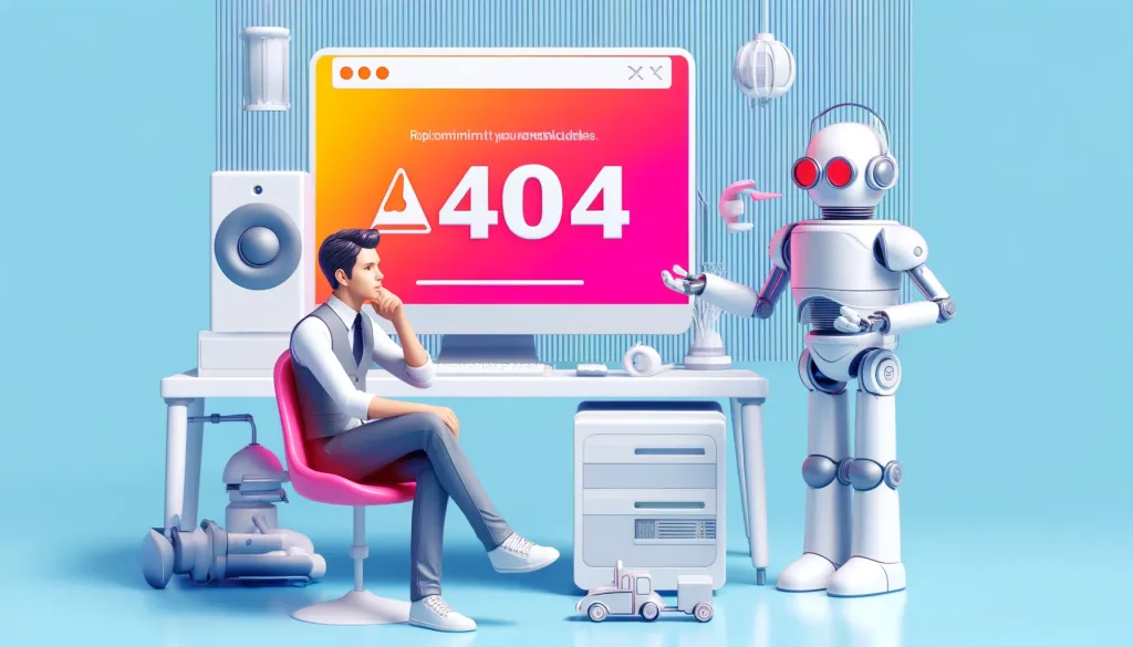 Un humain perplexe devant un ordinateur affichant une erreur 404, assisté par un robot dans une scène futuriste.