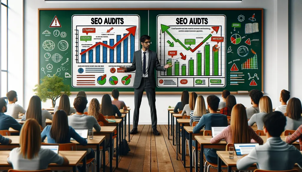 Un professeur compare deux sites web sur un grand écran, l'un avec un audit SEO montrant une courbe ascendante, l'autre sans montrant une courbe descendante.