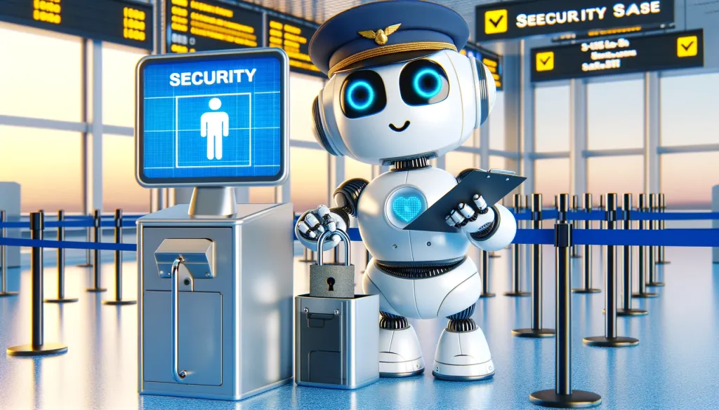 Un robot sympathique avec de grands yeux, en tant que chef de la sécurité dans un aéroport, vérifiant un pass de sécurité et un cadenas à un checkpoint.