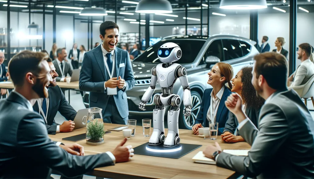 Un robot amical à une rencontre avec des personnes de la même industrie, comme une entreprise de vente de voitures, interagissant et riant ensemble. Cela aide à votre classement referencement Google.