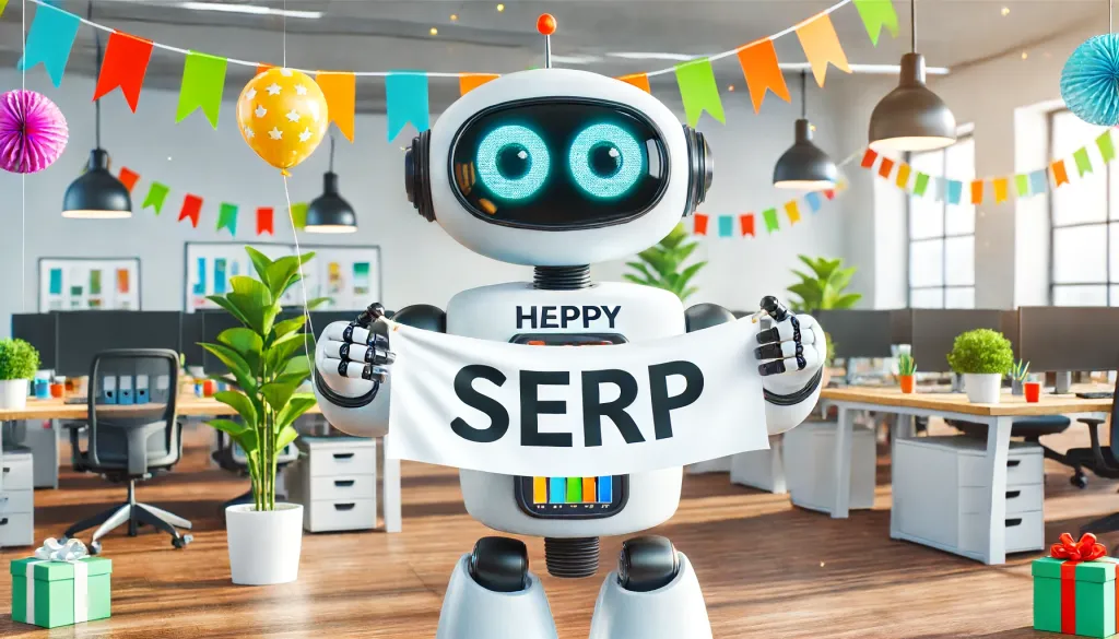 Atteindre la première position Google et améliorer le classement des recherches Google en utilisant la position zéro SEO. Un robot joyeux aux grands yeux globuleux accrochant une banderole "SERP" dans un bureau festif. Cette scène de célébration montre le robot en action pour atteindre la première position Google et améliorer le classement des recherches Google.