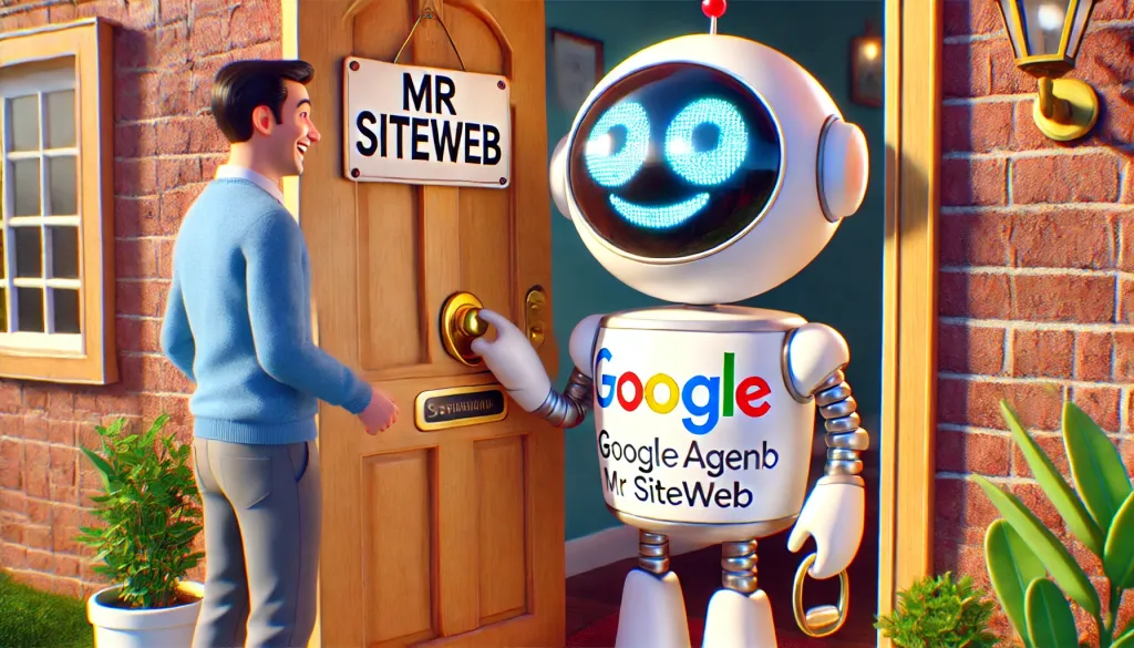 Robot habillé en agent Google sonnant à la porte de 'MR SITEWEB', accueilli par un humain.