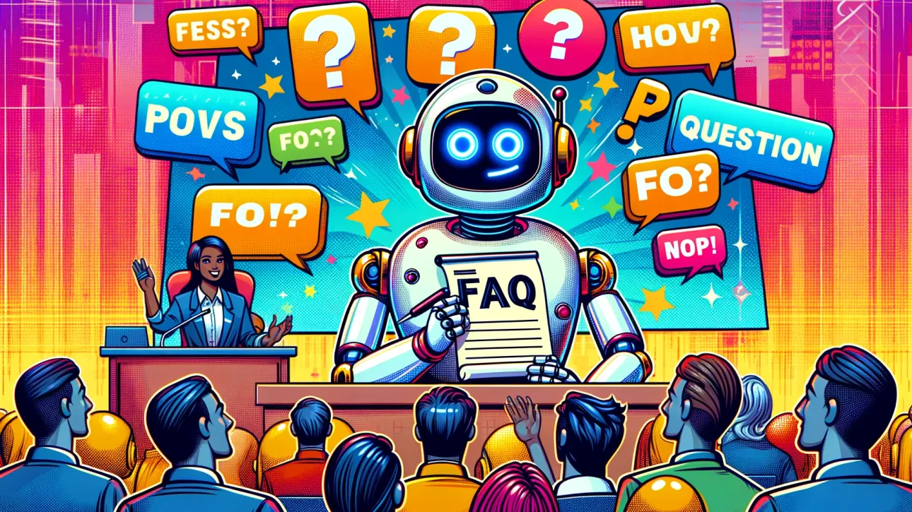 Un robot tenant une liste de questions FAQ entouré d'humains avec des questions.