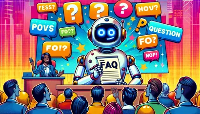 Un robot tenant une liste de questions FAQ entouré d'humains avec des questions.