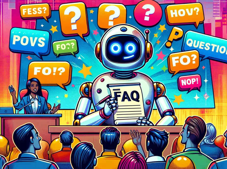 Un robot tenant une liste de questions FAQ entouré d'humains avec des questions.