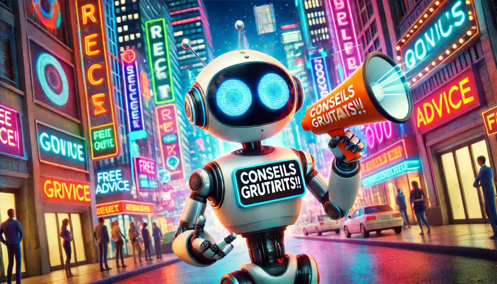 Robot amical avec de grands yeux criant “CONSEILS GRATUITS!!” avec un mégaphone dans une ville technologique vibrante.